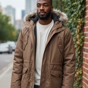 Merona Tan Military Parka with Fur Hood